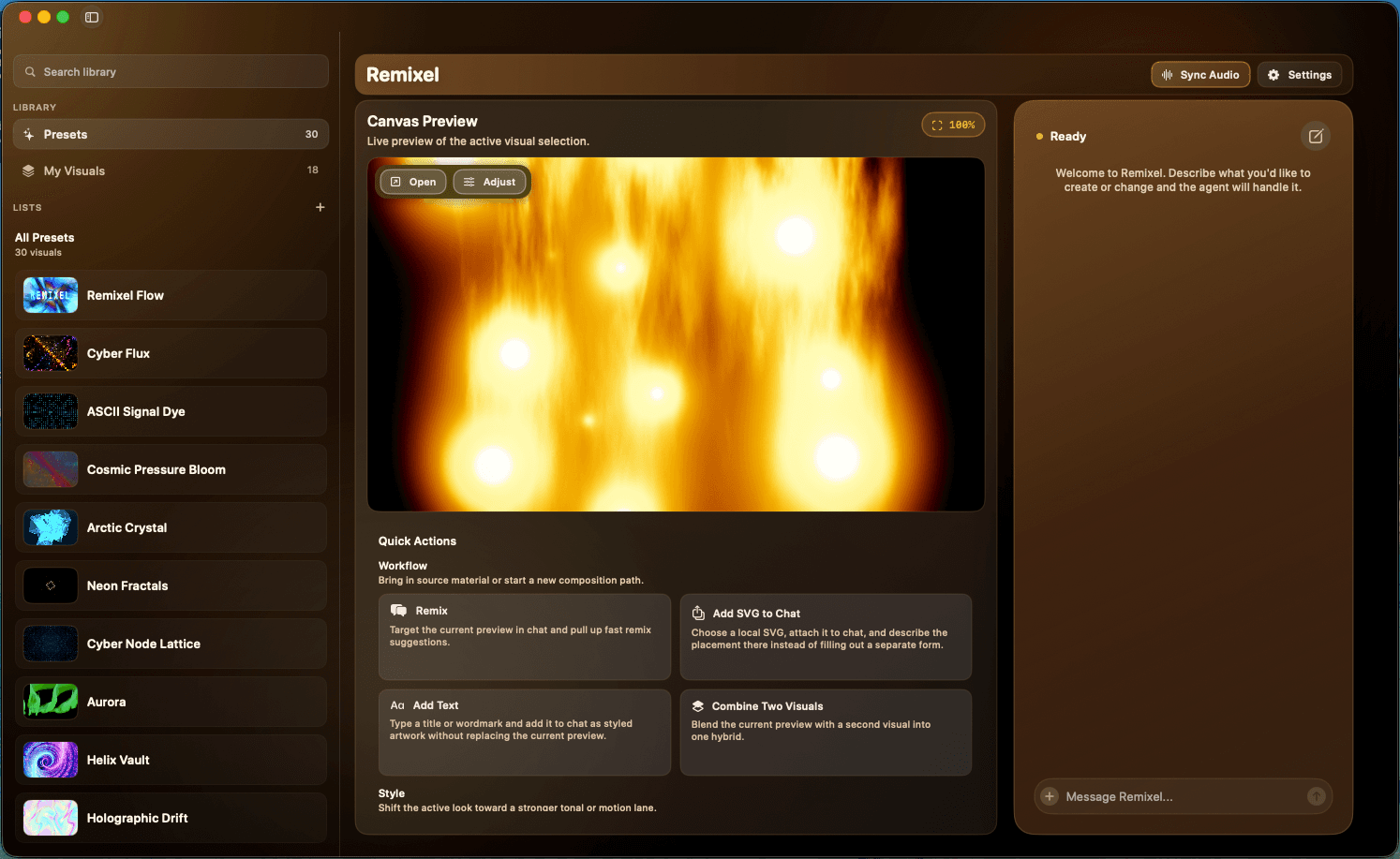 Remixel workspace showing the preset library, live canvas preview, and assistant.